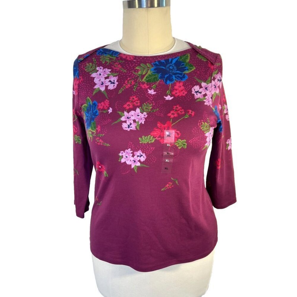 Style & Co Long Sleeve Tee Shirt Women's XL Floral on Purple Boat Neck 3/4 Sleev - Picture 2 of 13